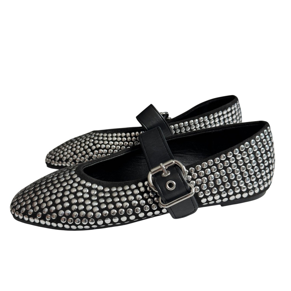 Studded Mary Jane Flats Black Silver Buckle Punk Ballerina Shoes Womens 37 6.5-7